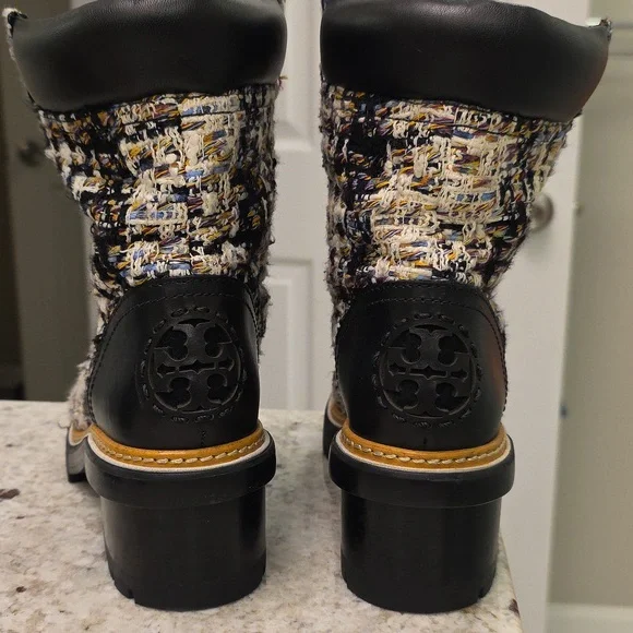 Tory Burch Black and Cream Tweed Lace Up Boots - Picture 7 of 11
